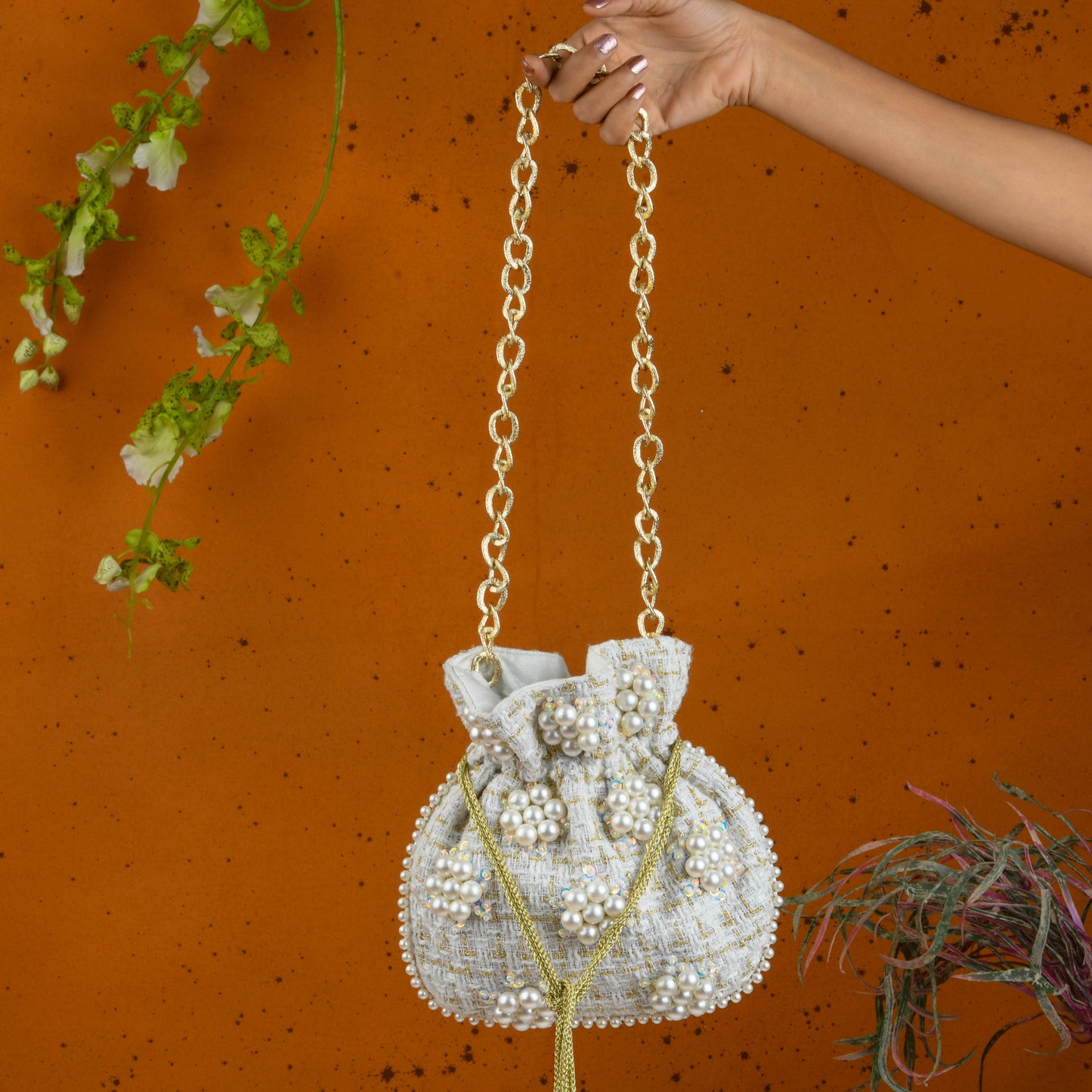 Pearl White Hand Embroidered Silk Potli