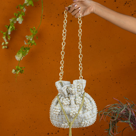 Pearl White Hand Embroidered Silk Potli