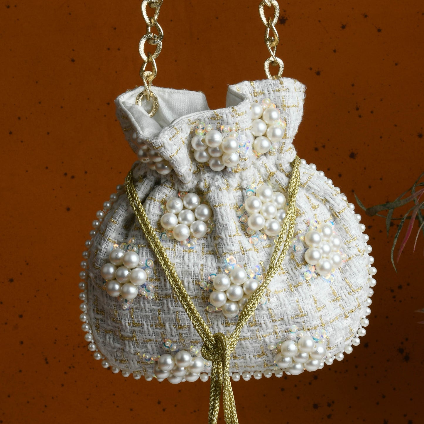 Pearl White Hand Embroidered Silk Potli