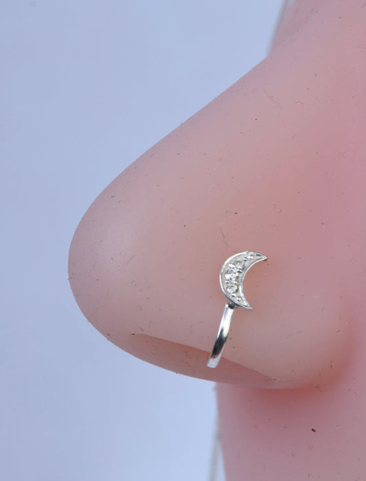 Silver Crescent Moon Clip On Nose Pin