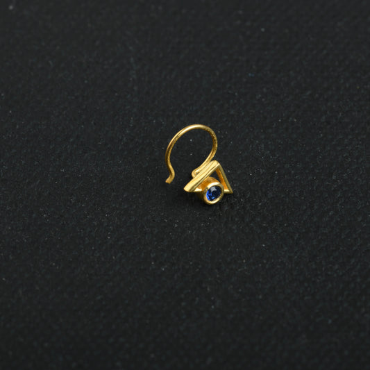 Inverted Triangle Blue Stone Gold Plated Silver Nose Pin