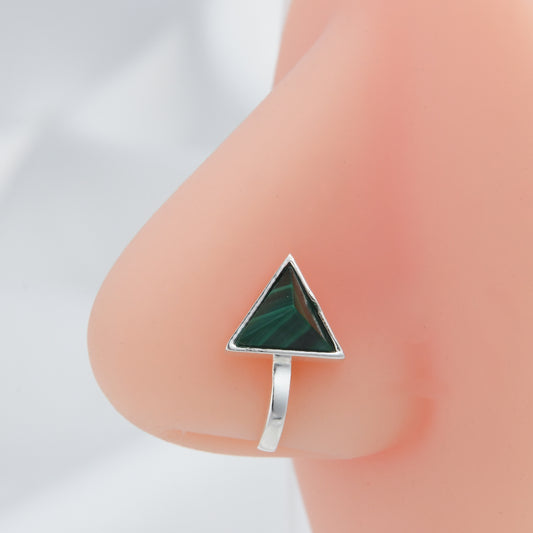 Malachite Triangle Silver Clip On Nose Pin