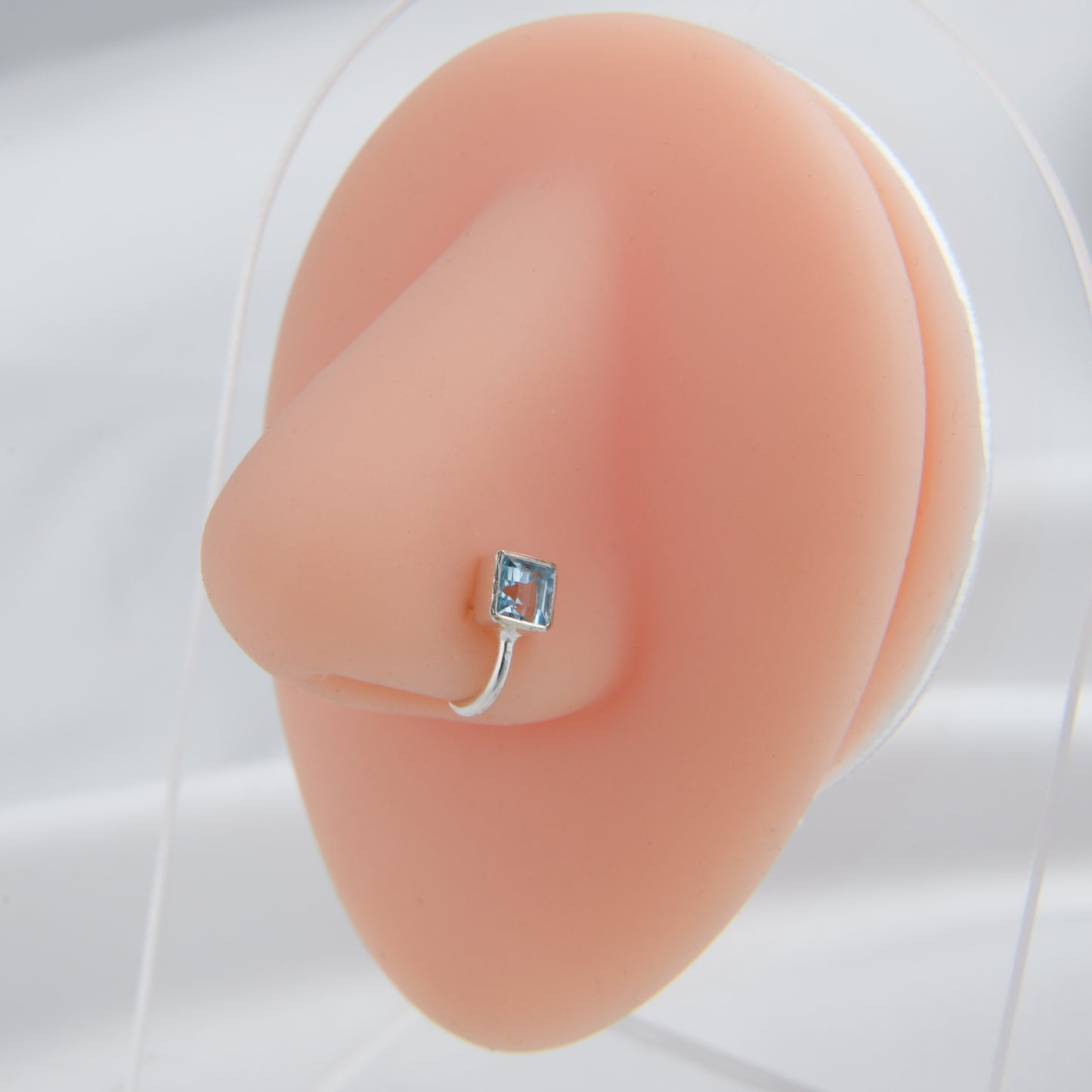 Natural Blue Topaz Square Silver Nose Pin