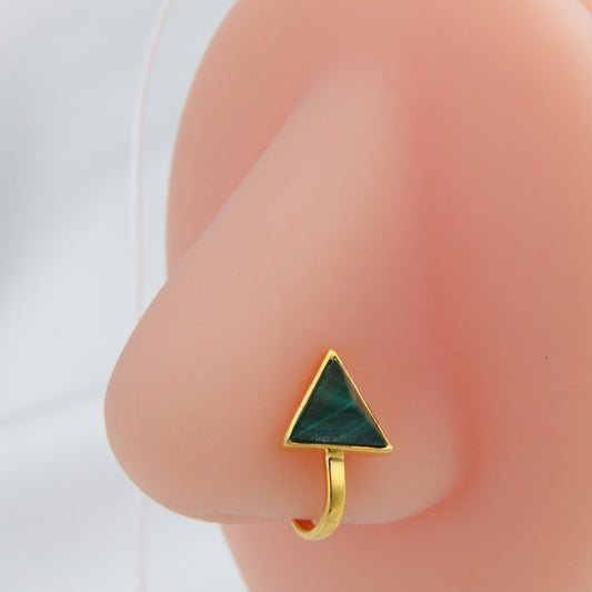 Malachite Triangle Gold Plated Silver Clip On Nose Pin