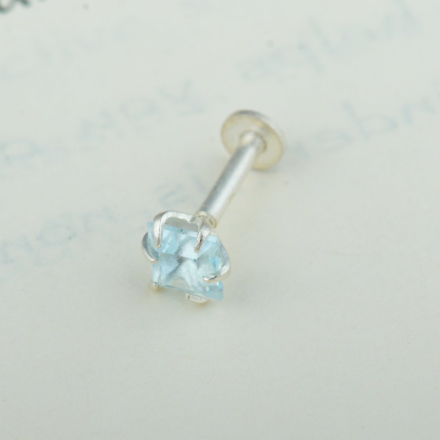 Natural Blue Topaz Square Silver Nose Pin