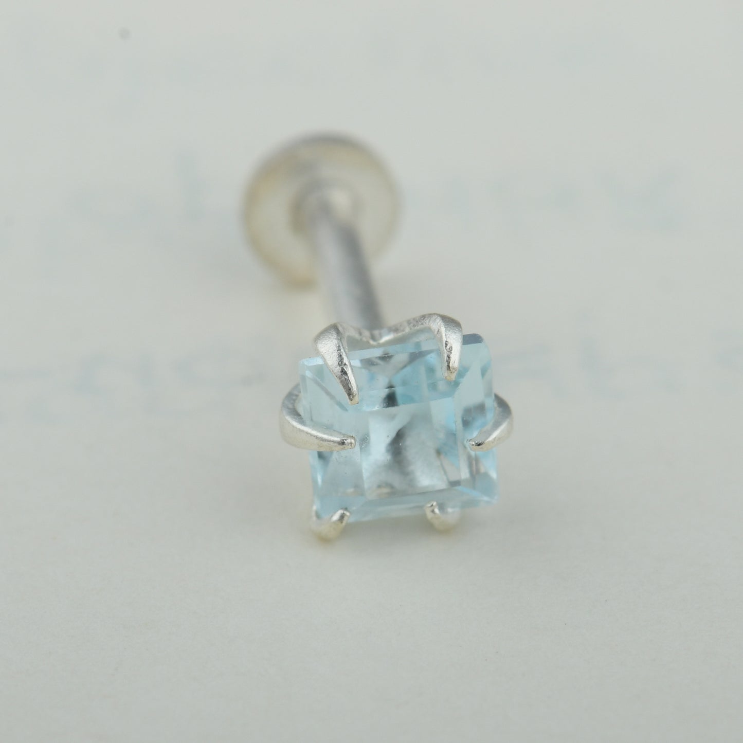 Natural Blue Topaz Square Silver Nose Pin