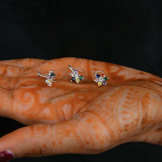 Rainbow CZ Silver Nose Pin