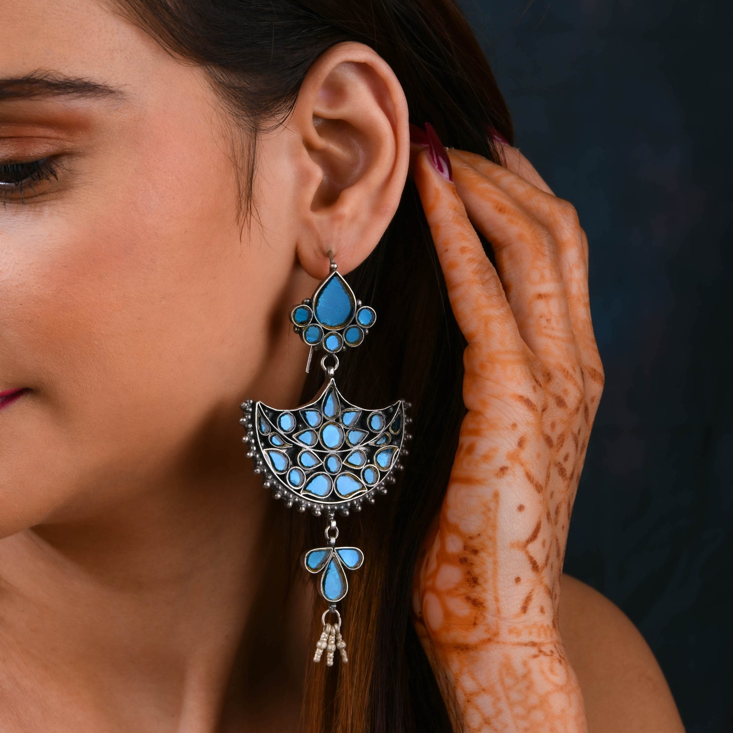 Madhu Chandrika Neela Aina Silver Earrings