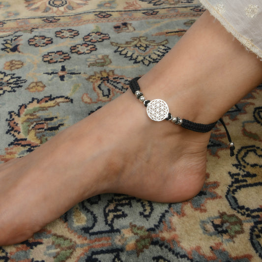 Black Thread Flower Of Life 925 Silver Anklet