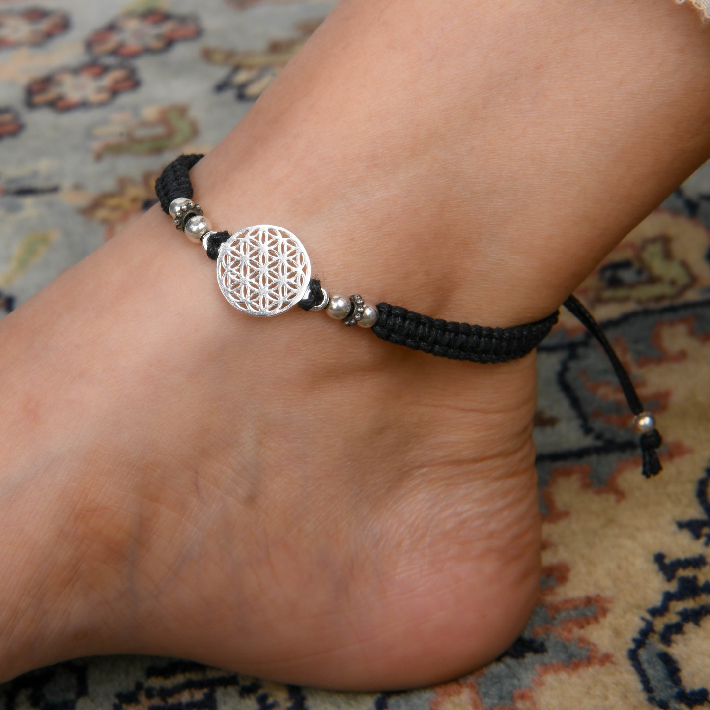 Black Thread Flower Of Life 925 Silver Anklet
