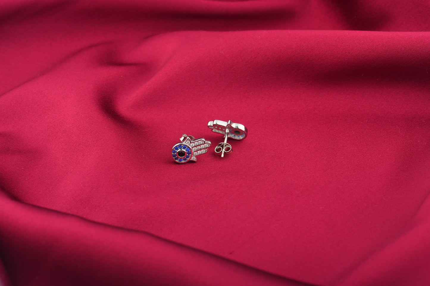 Silver Evil Eye Studs With Blue Stone