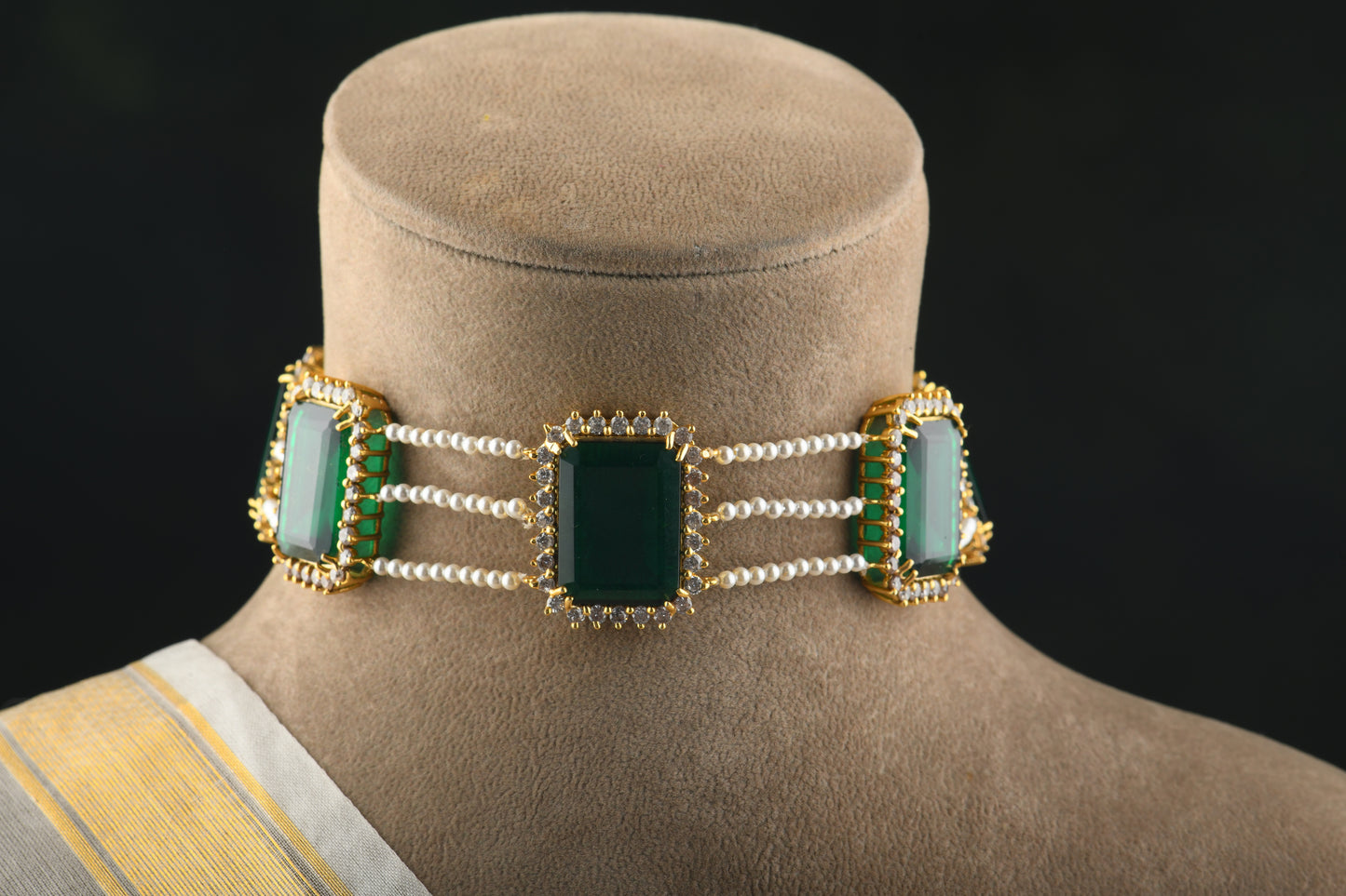 Emerald Diamond Accent Pearl Choker Set