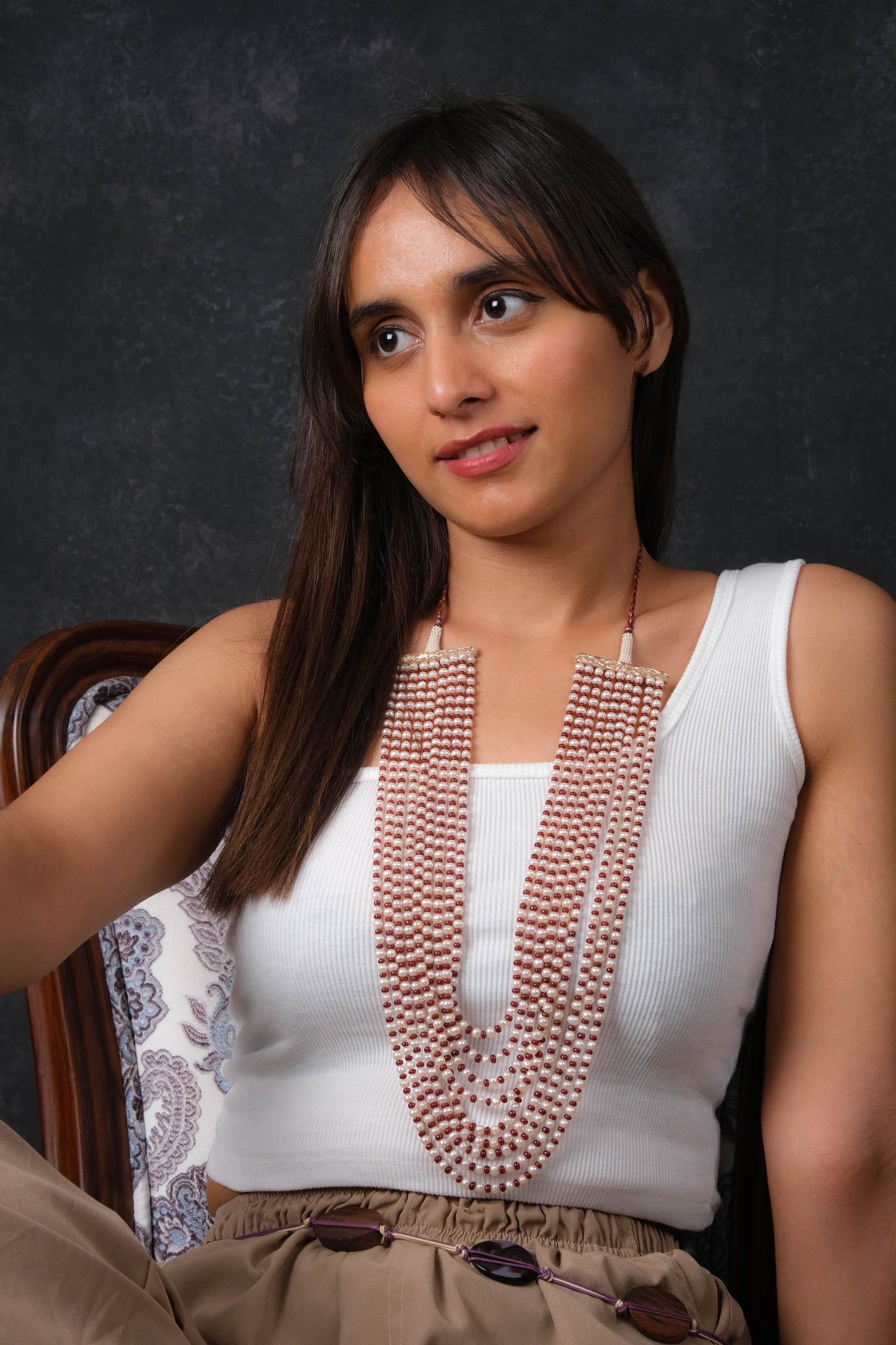 Freshwater Pearls and Red Quartz Nine Layered Necklace