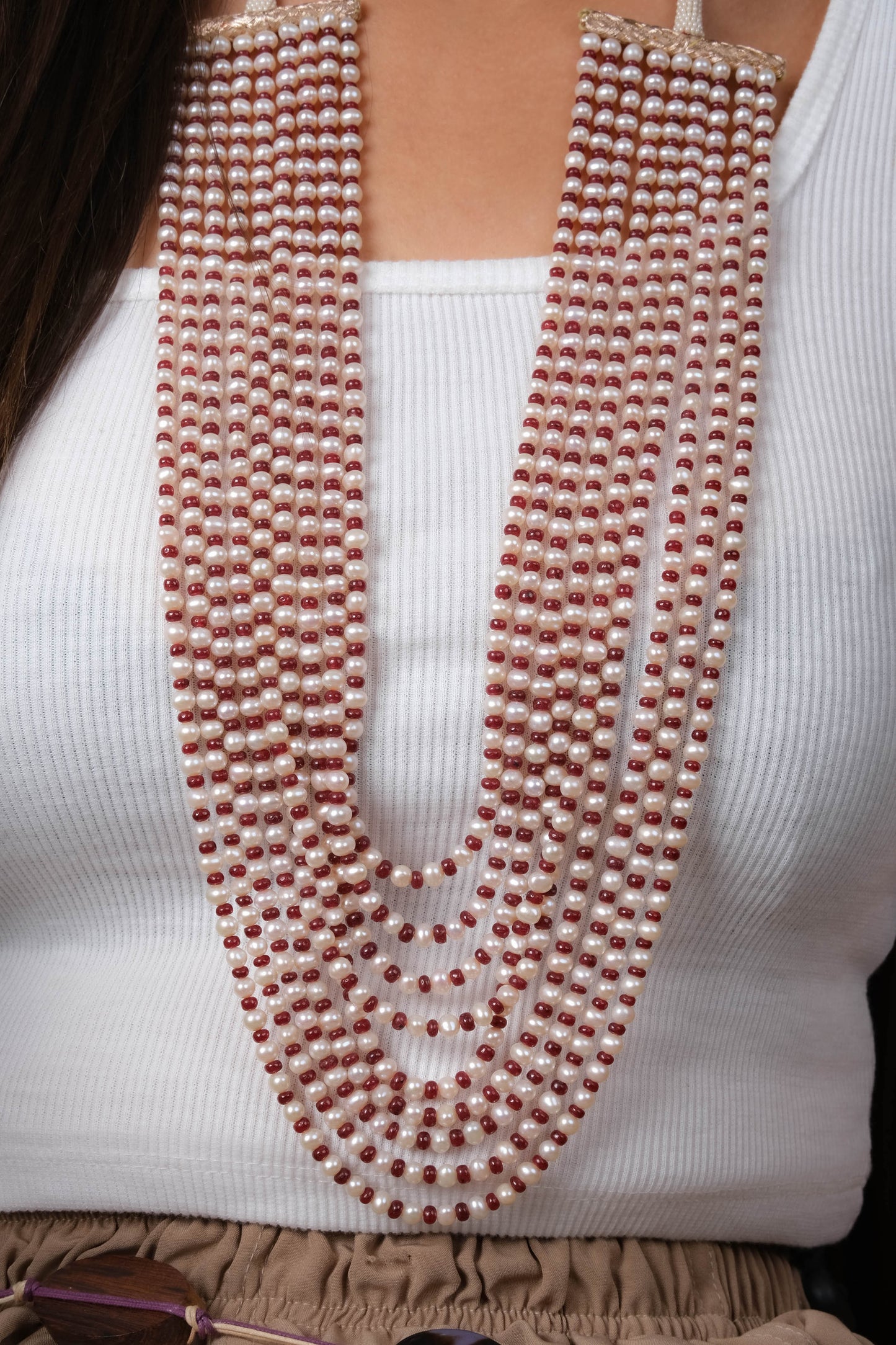 Freshwater Pearls and Red Quartz Nine Layered Necklace