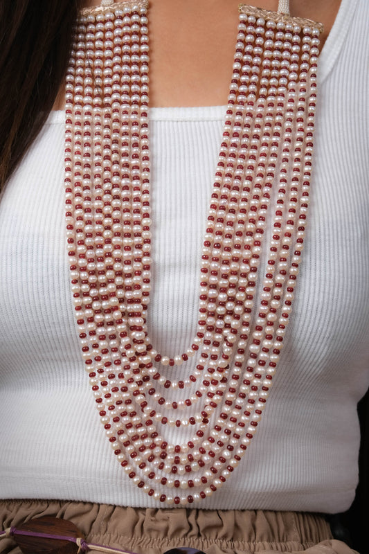 Freshwater  Pearls and Red Quartz Nine Layered Necklace