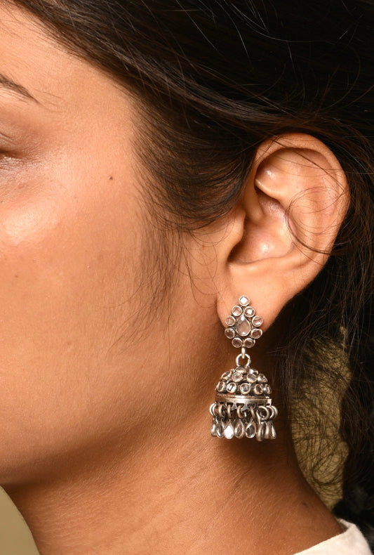 Mini Crystal Silver Jhumki Earrings