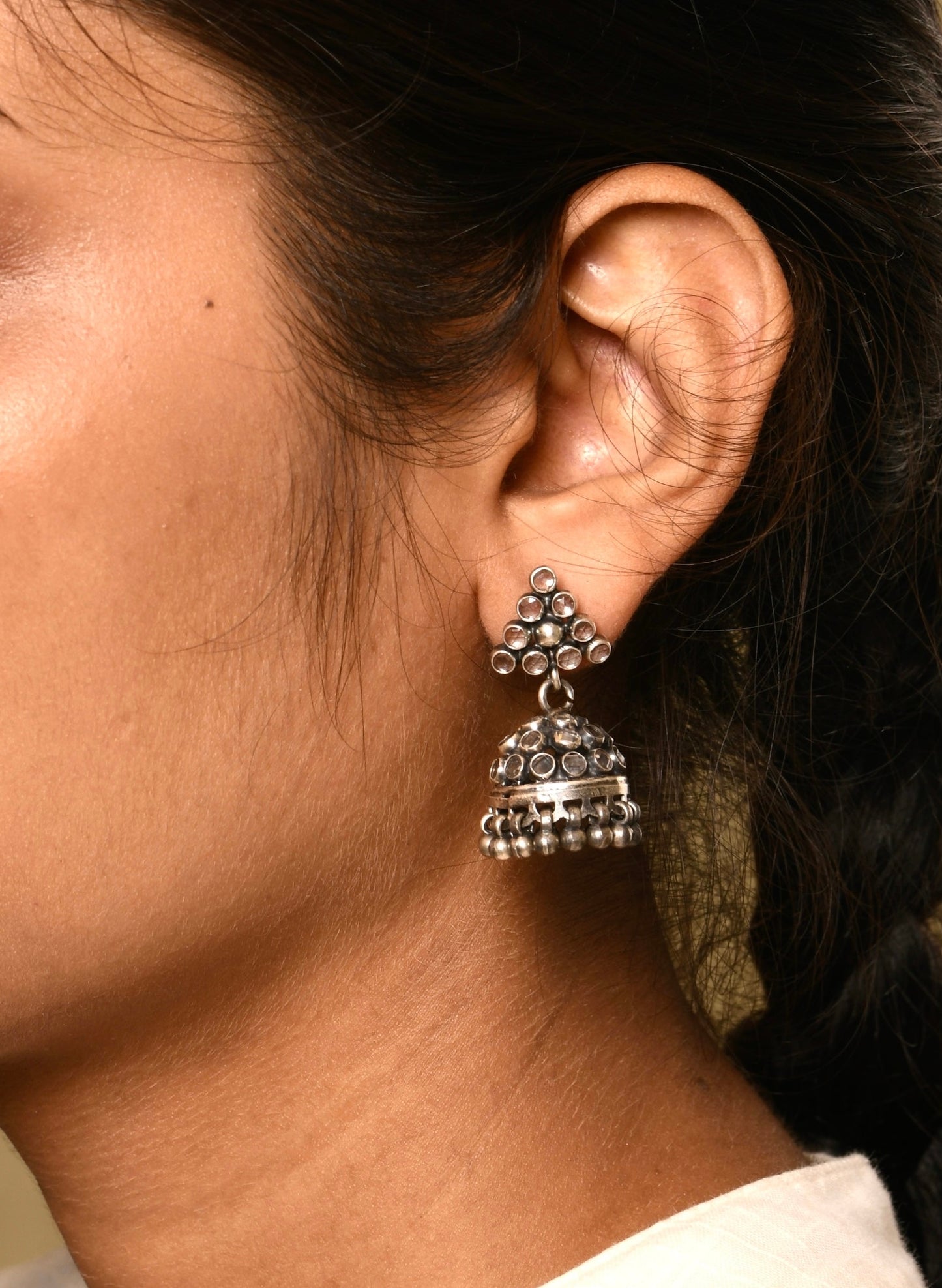 Mini Crystal Silver Jhumkis