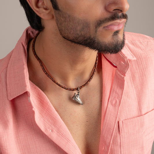'Fitness Freak' Silver Shoe Pendant In Leather Chord