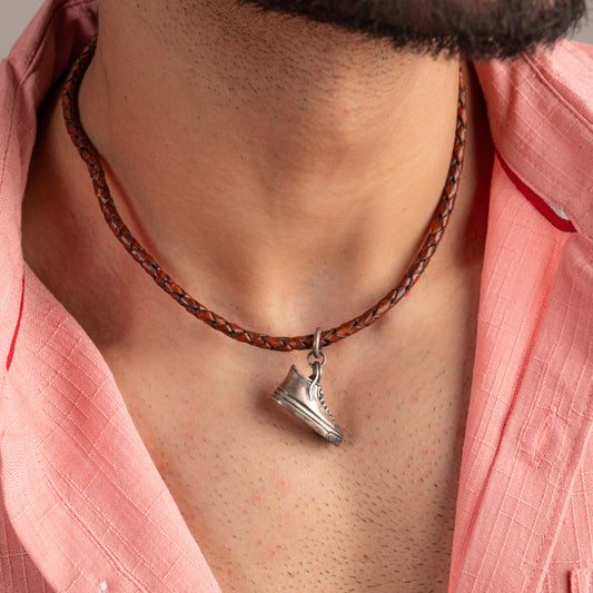 'Fitness Freak' Silver Shoe Pendant In Leather Chord