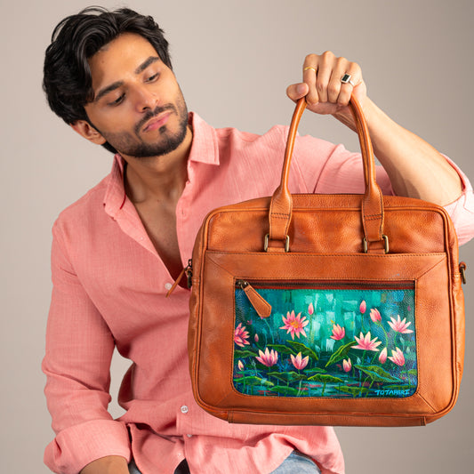 Water Lily Pond Hand Painted Leather Laptop Bag
