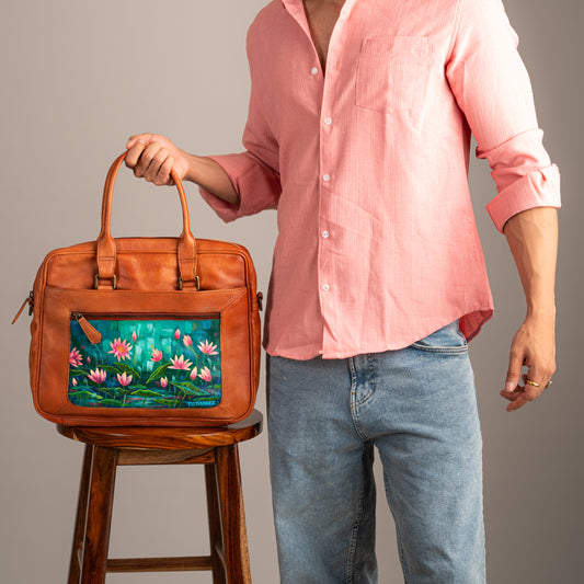 Water Lily Pond Hand Painted Leather Laptop Bag