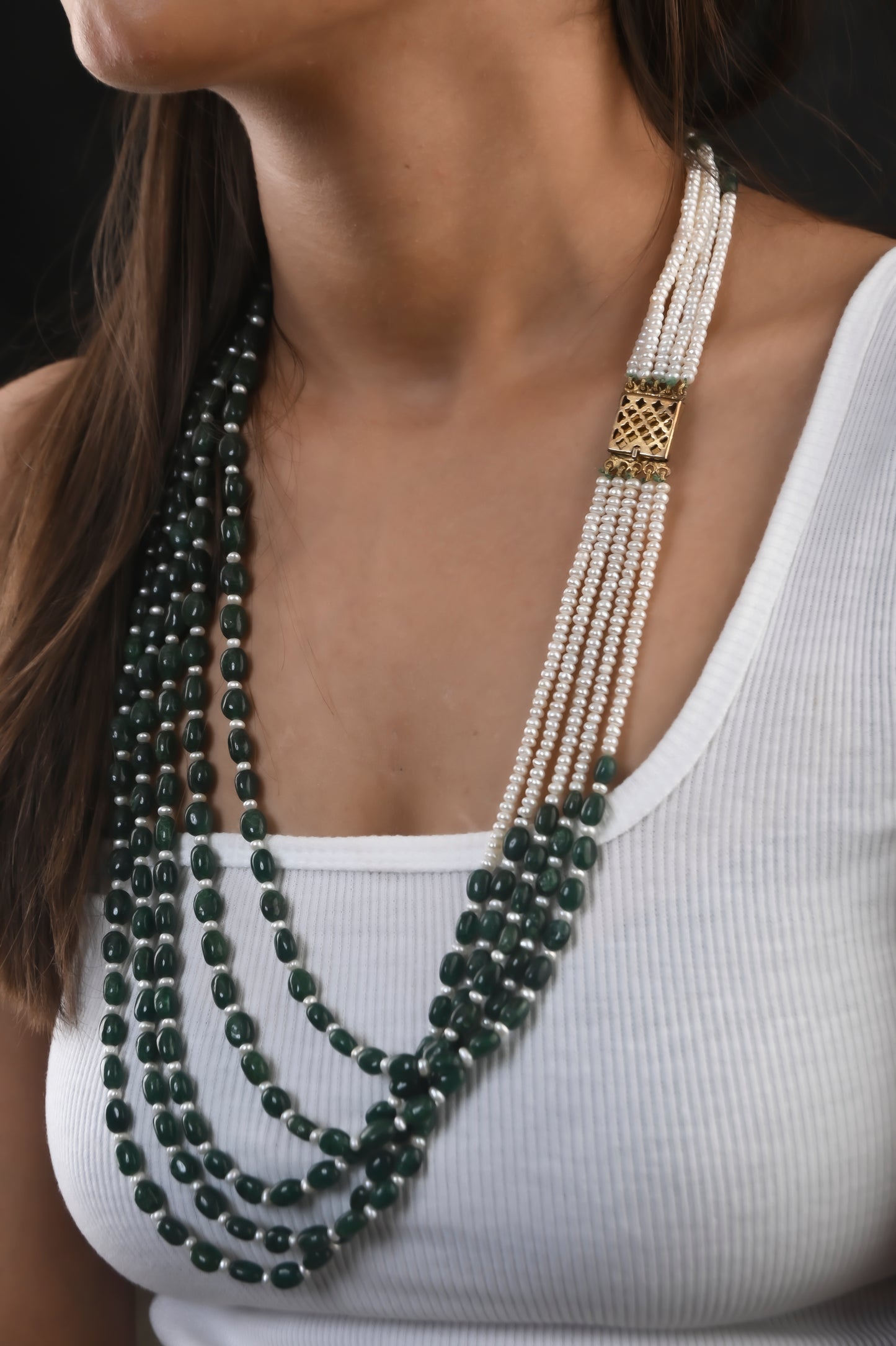 Moss Green Quartz and Freshwater Pearls Multilayered Necklace