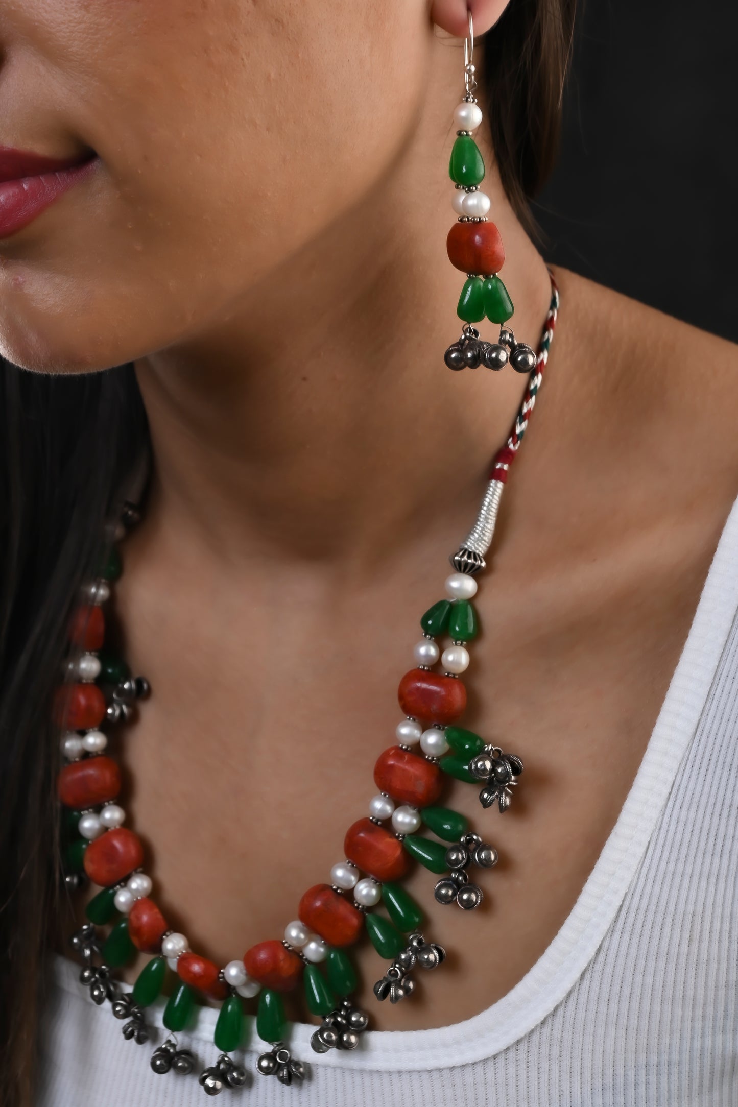 Silver Coral Pearls Choker Set