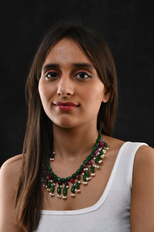 Pink Green Quartz And Pearls Banjara Necklace