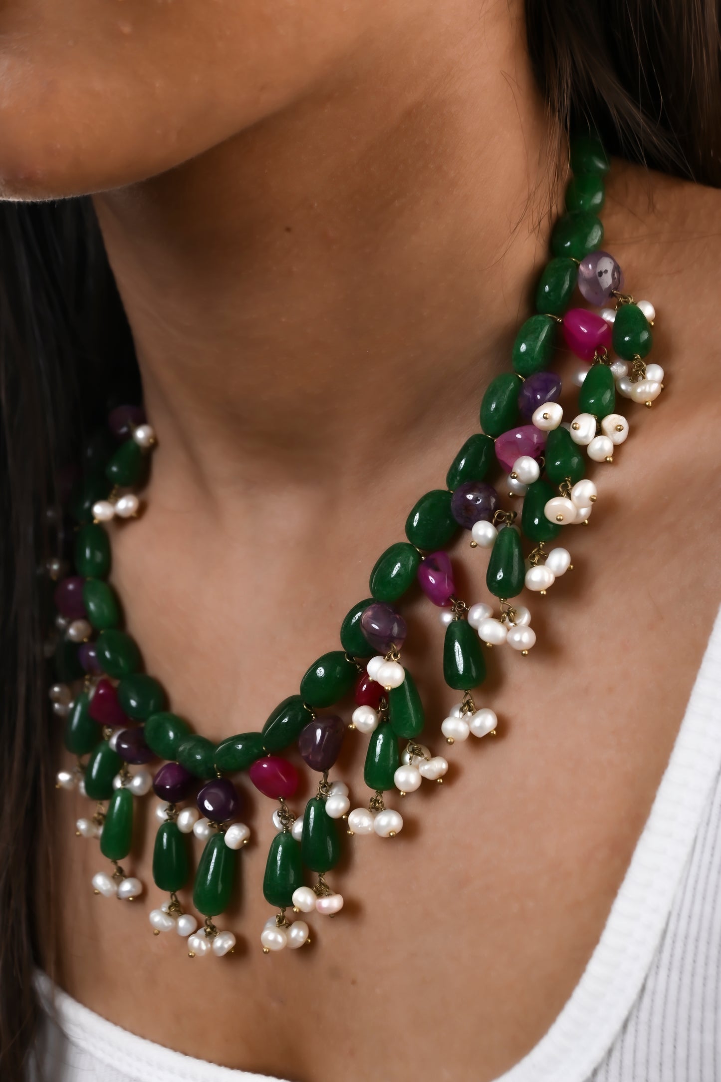 Pink Green Quartz And Pearls Banjara Necklace