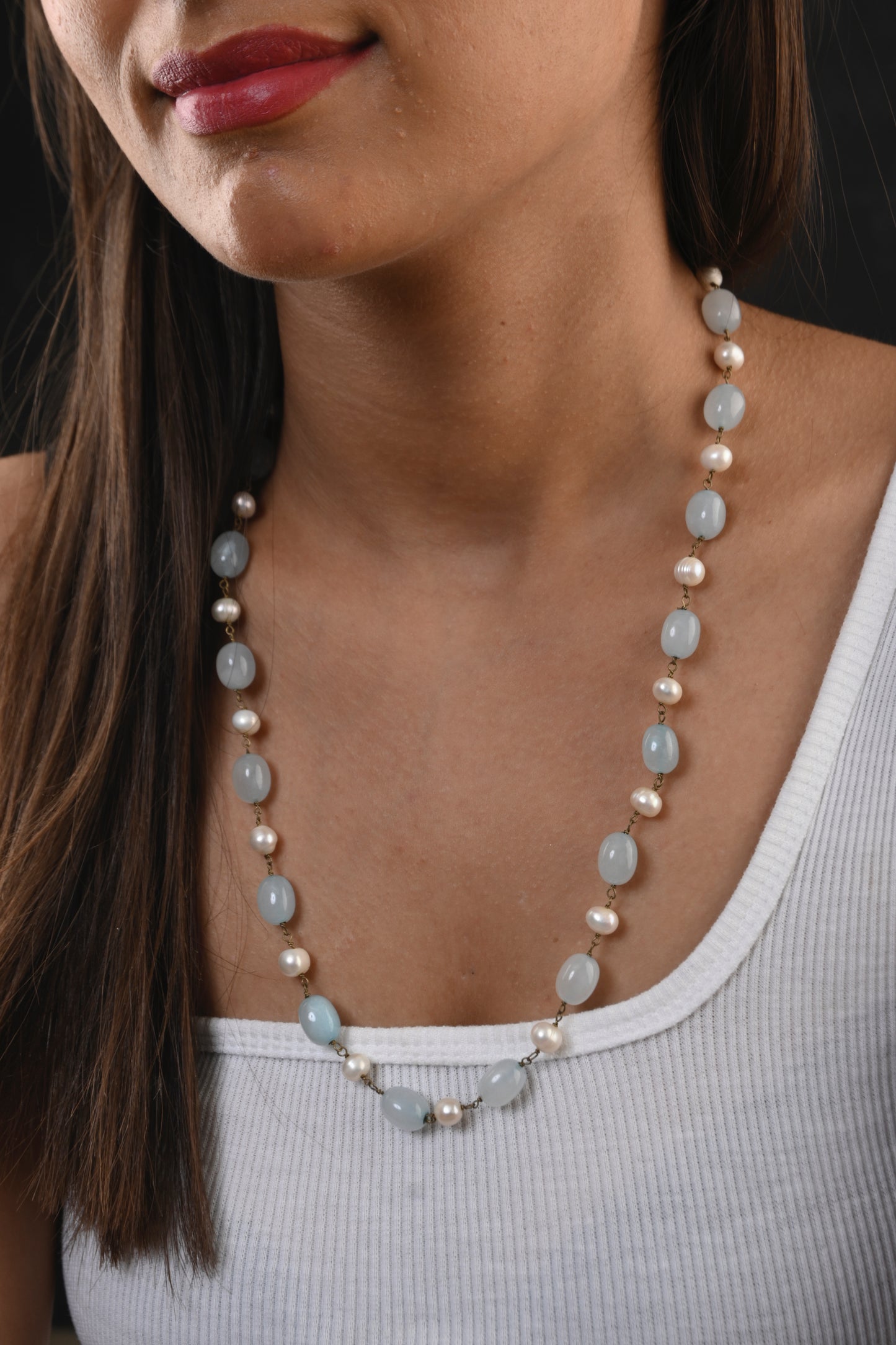 Pearl And Blue Agates Necklace