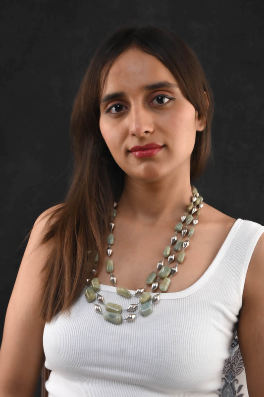 Silver Beads And Green Tumbled Aventurine Necklace
