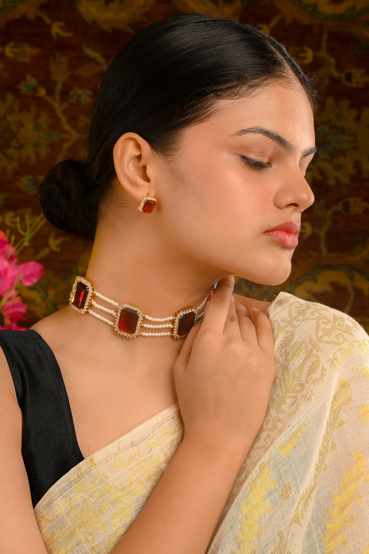 Ruby Diamond Accent Pearl Choker Set