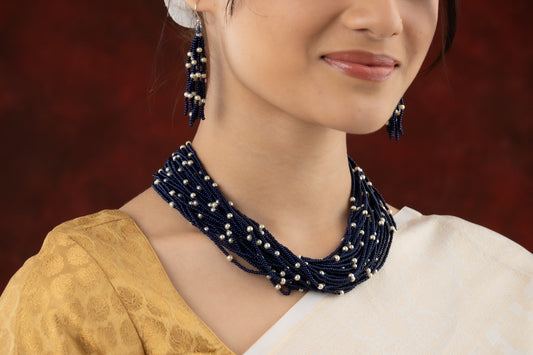 Blue Beads And Pearl Necklace Set