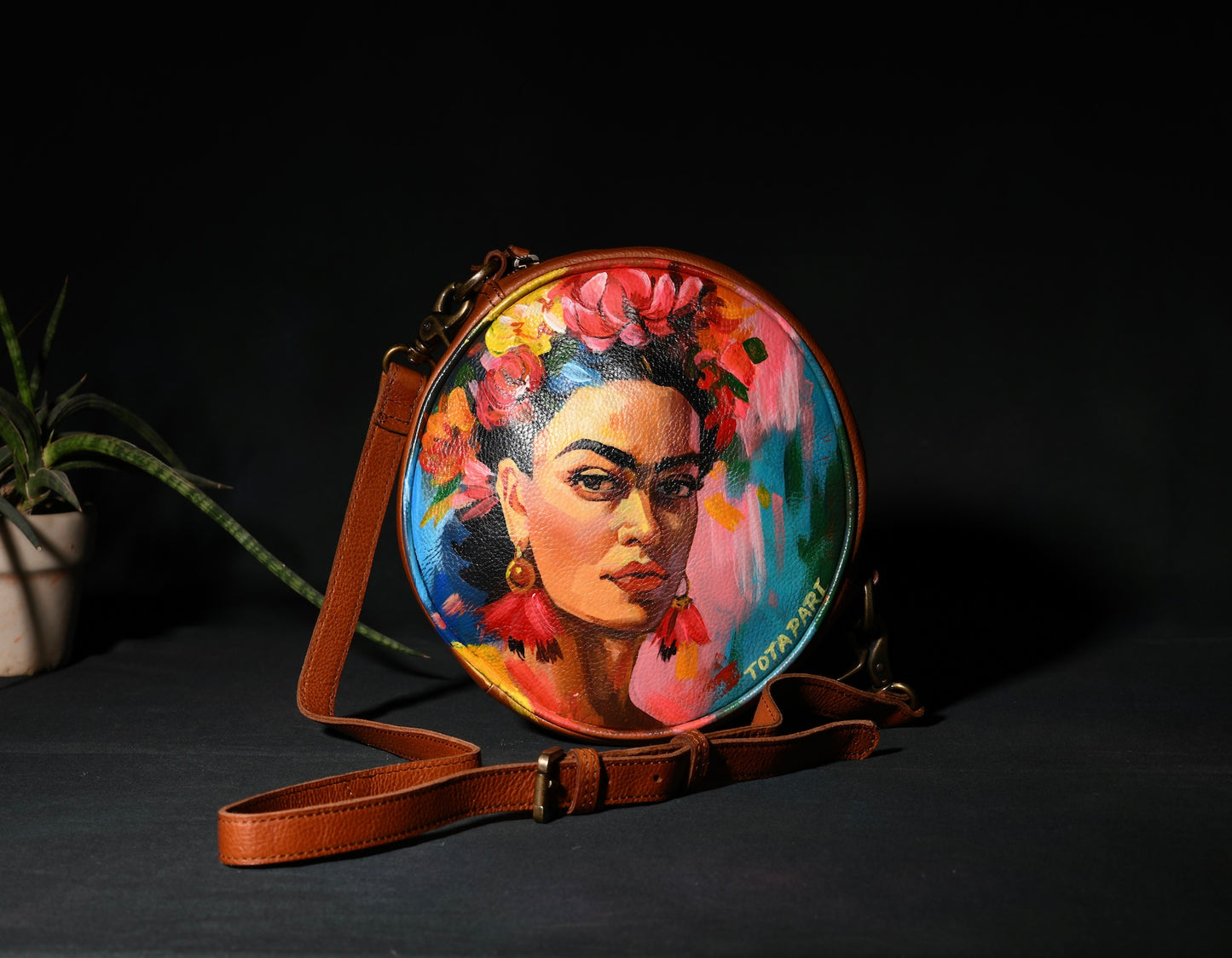 Handpainted Frieda Round Leather Sling Bag