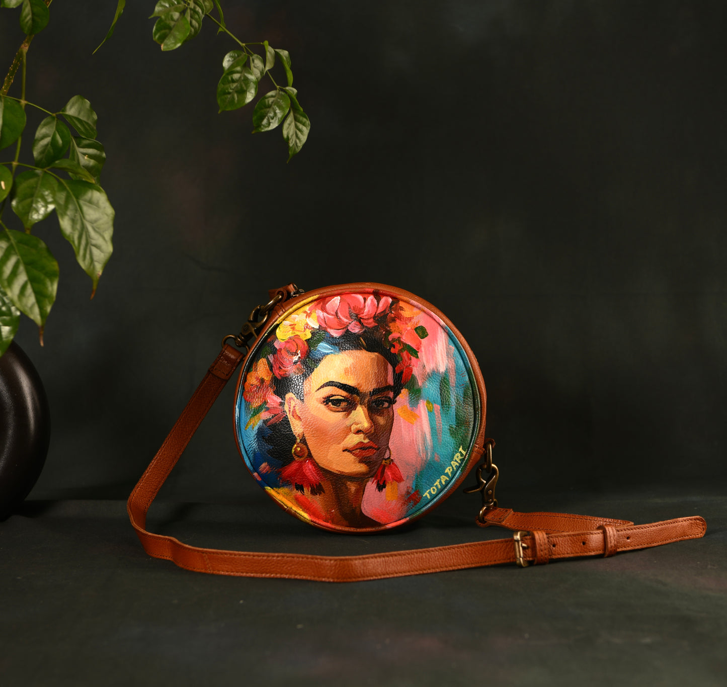 Handpainted Frieda Round Leather Sling Bag