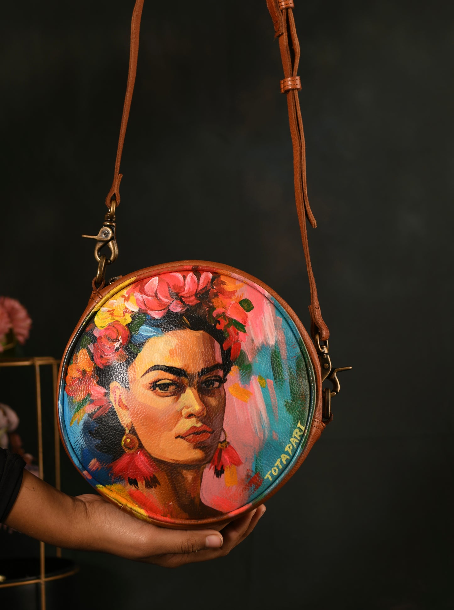 Handpainted Frieda Round Leather Sling Bag