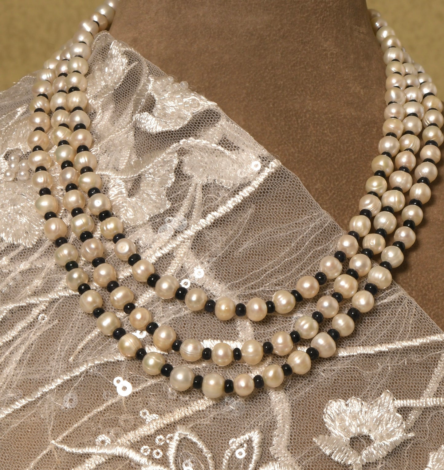 Pearl and Black Onyx Triple Layered Necklace