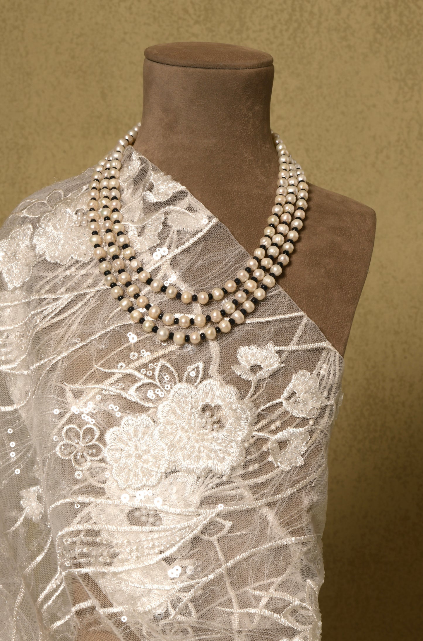 Pearl and Black Onyx Triple Layered Necklace