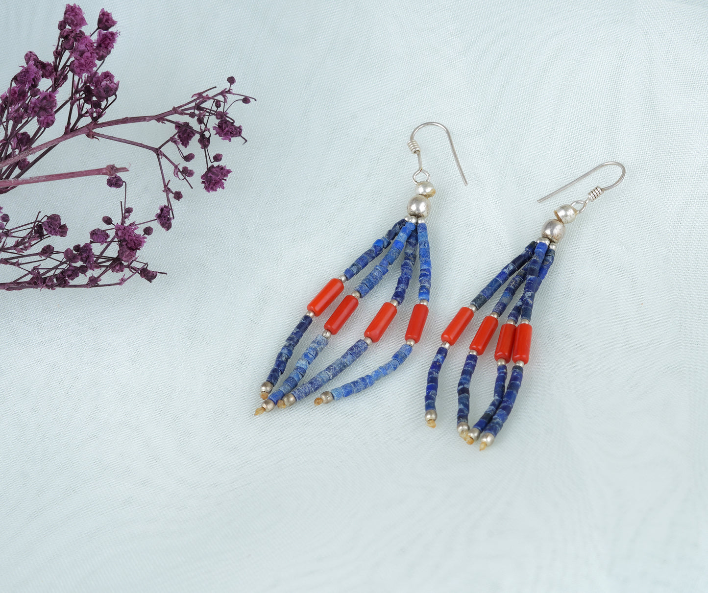 Lapis Beads Silver Earrings