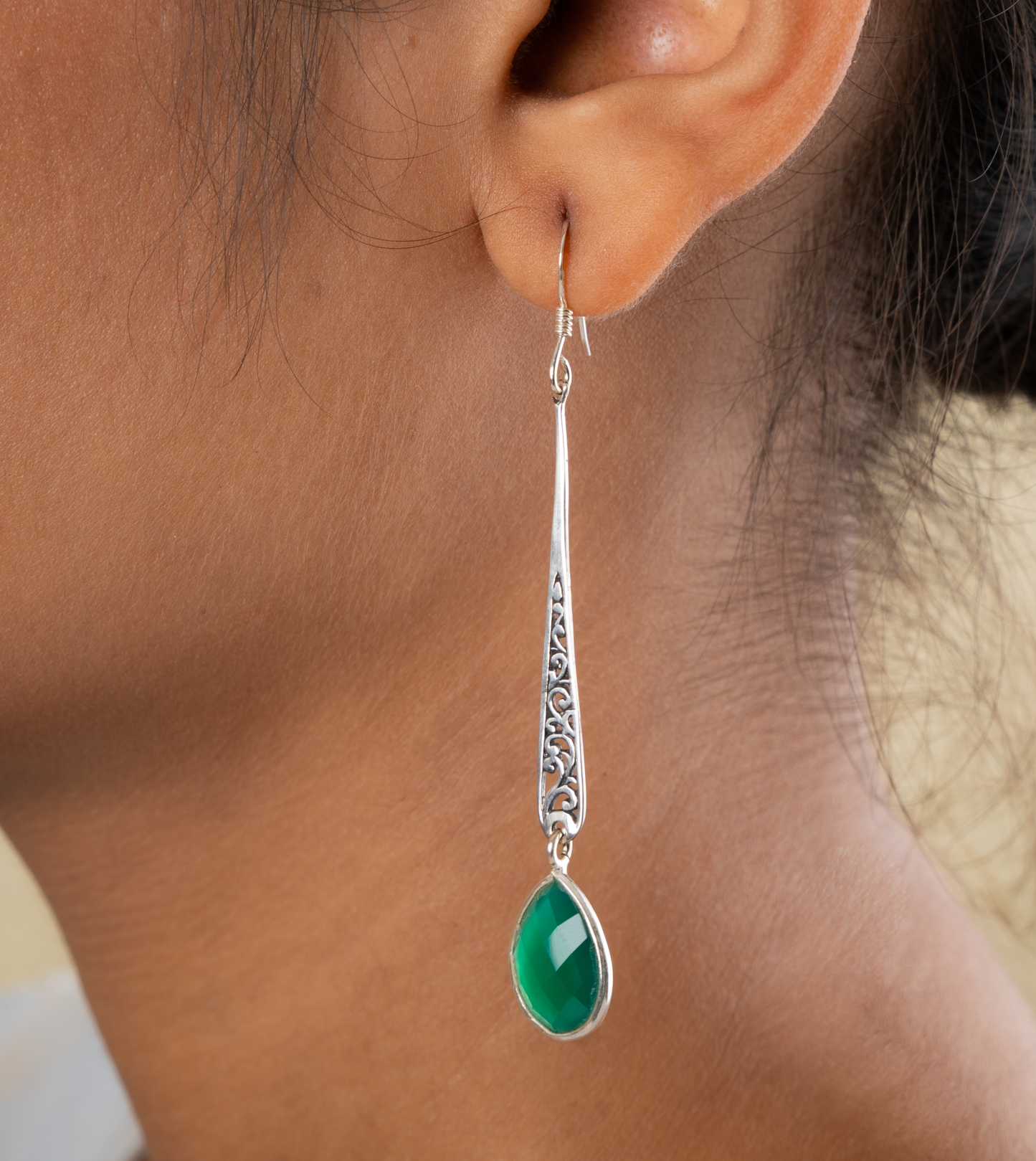 Silver Green Onyx Danglers