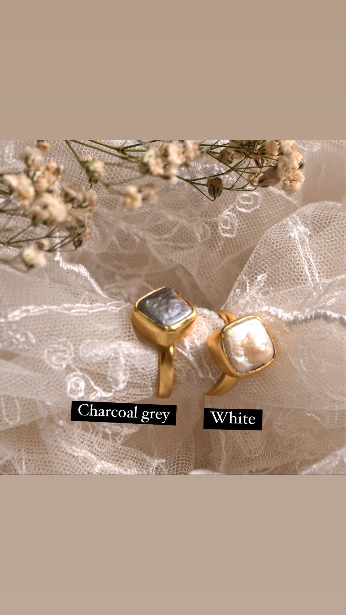 Charcoal Grey Square Pearl Ring