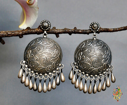 Floral Embroidery Design In Silver Earrings