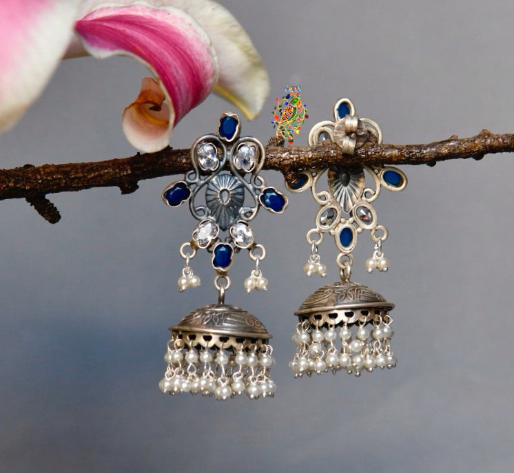 Blue Stones and Pearls Drops Jhumkas