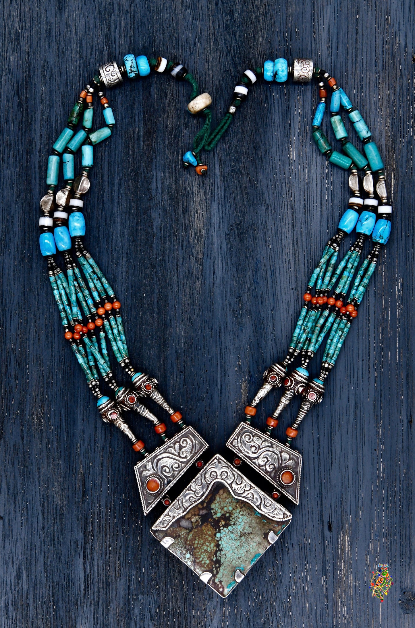 Antique Silver Necklace on Turquoise Pipes