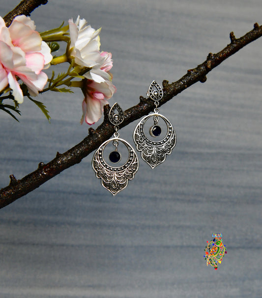 Silver Leaf Earrings with Black Stone