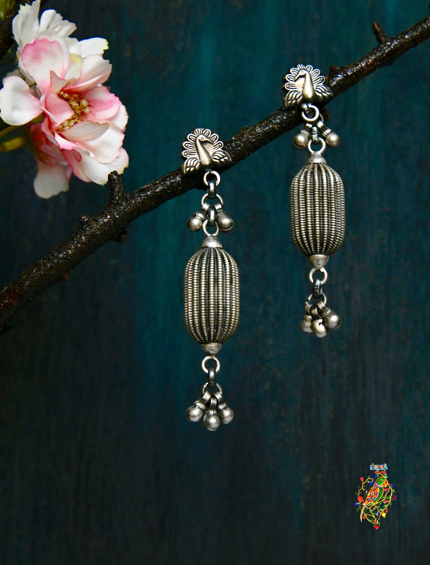 Peacock Silver Bead Earrings
