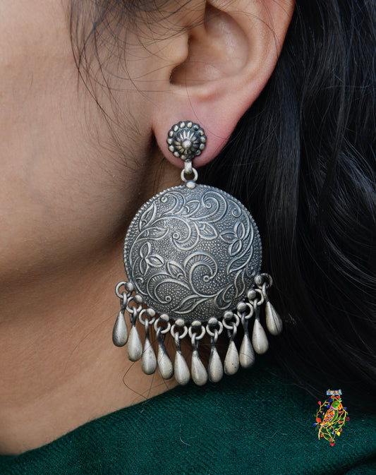 Floral Embroidery Design In Silver Earrings
