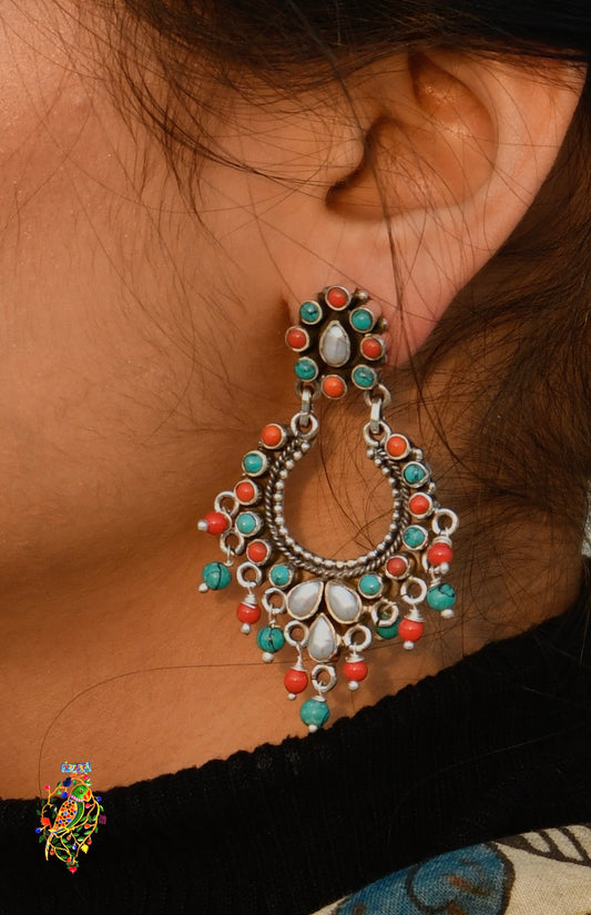 Turquoise and Coral Silver Chaand Bali Earrings
