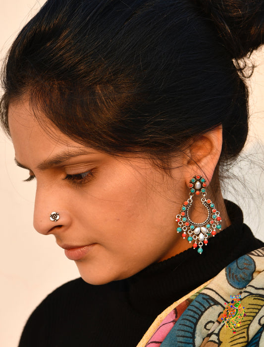 Turquoise and Coral Silver Chaand Bali Earrings