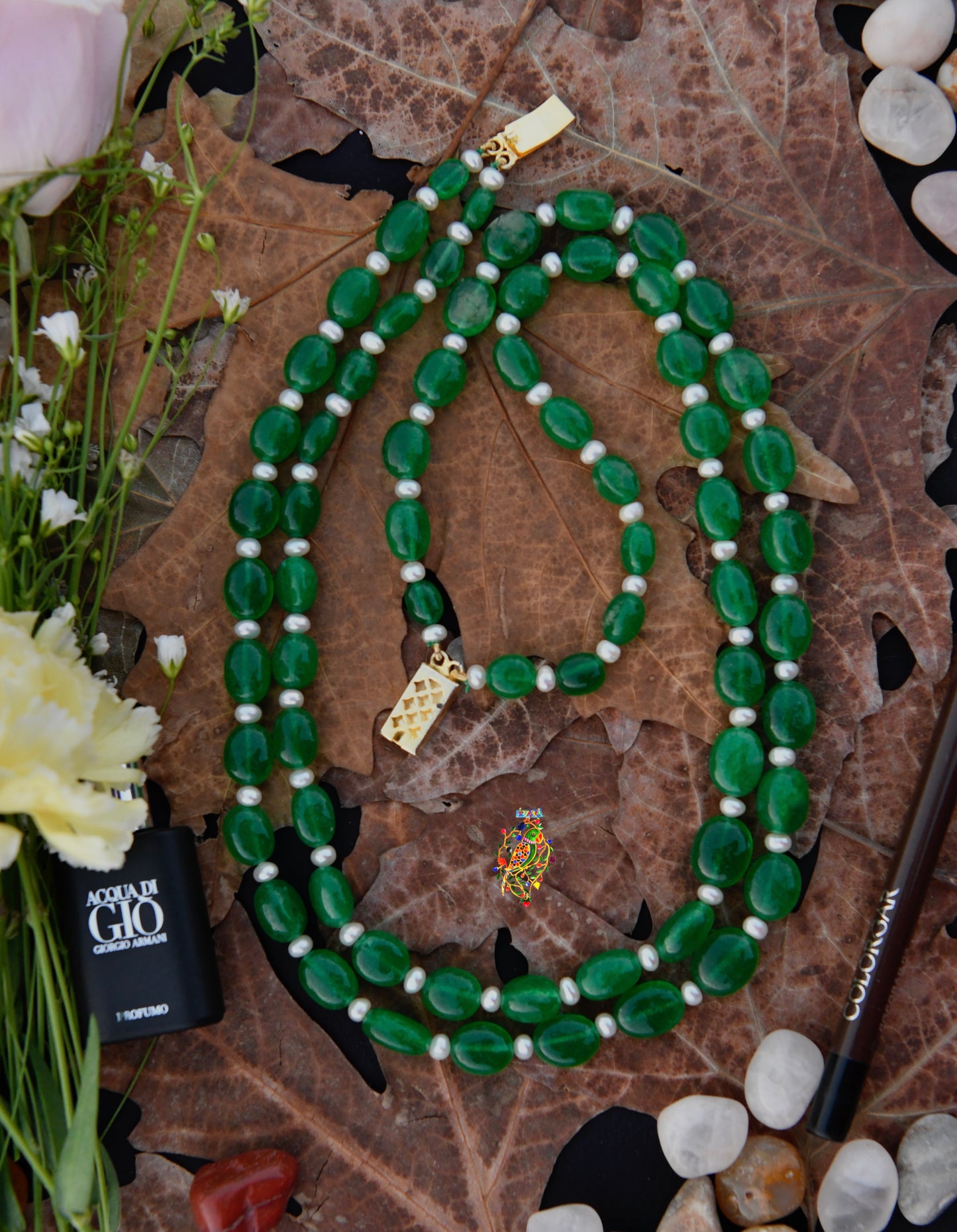 Two-Layered Green Quartz and Pearls Set
